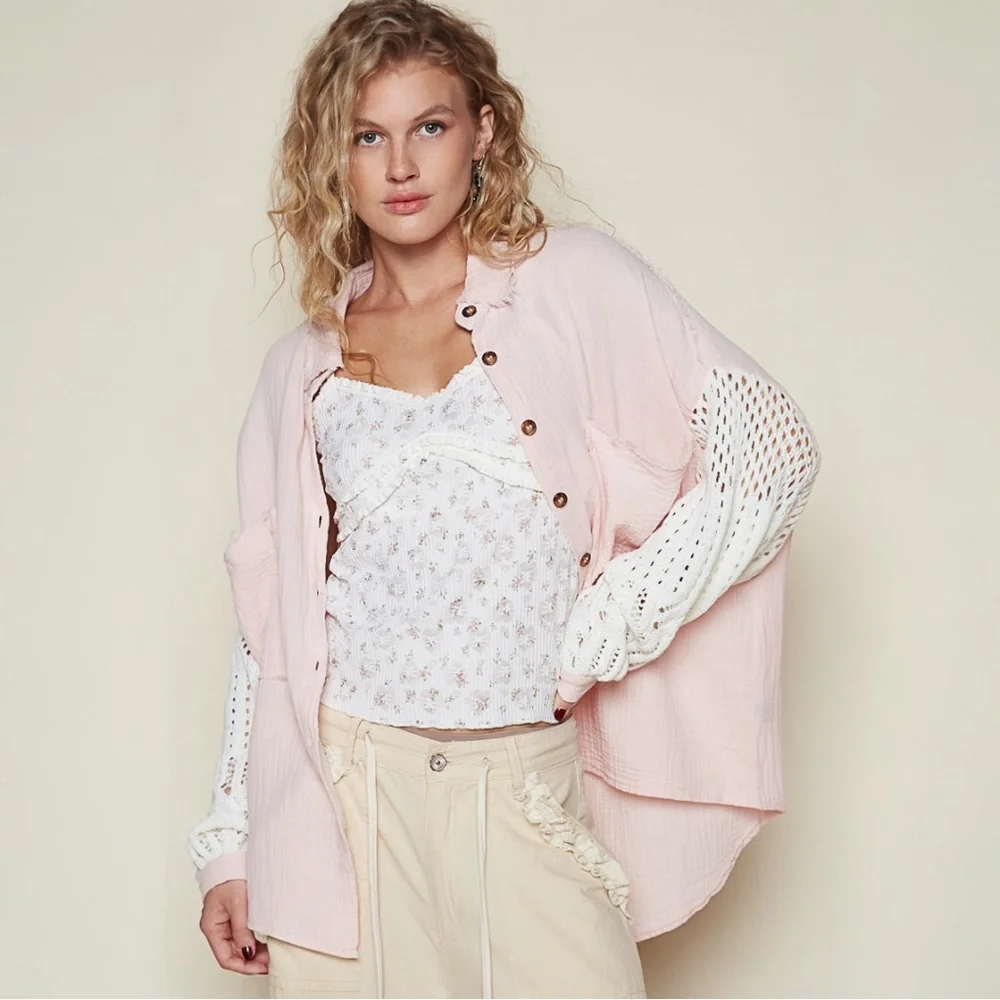 POL Oversize Button Down Sweater Sleeve Gauze Shirt - Picture 4 of 7